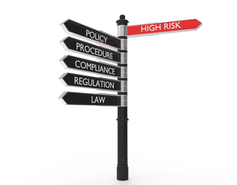 Signpost with compliance topics: Policy, Procedure, Compliance, Regulation, Law and High Risk